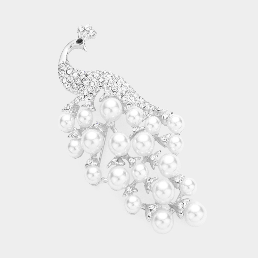 Silver Pearl Peacock Rhinestone Crystal Bling 2.5 Inch Brooch Pin Accessory